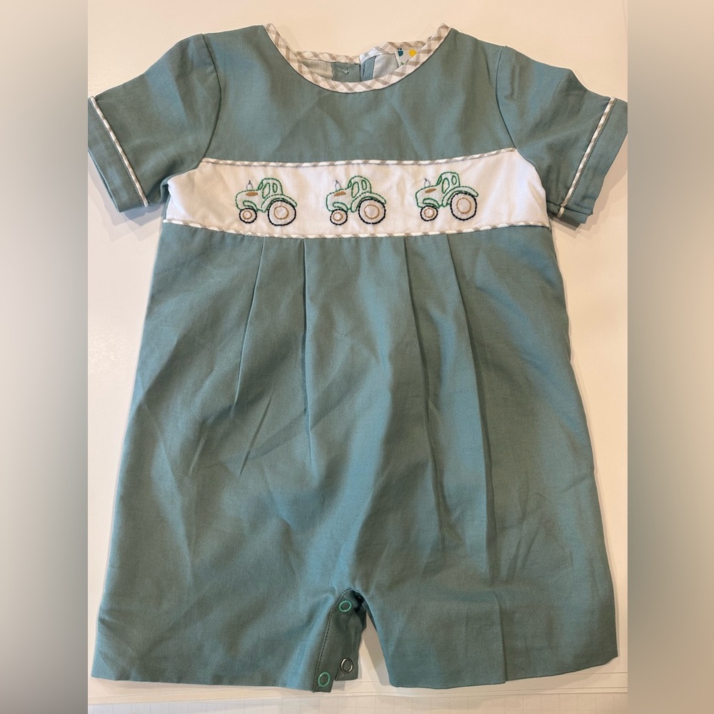 Sugar Dumplin’ Embroidered  Tractor Baby Romper in Teal